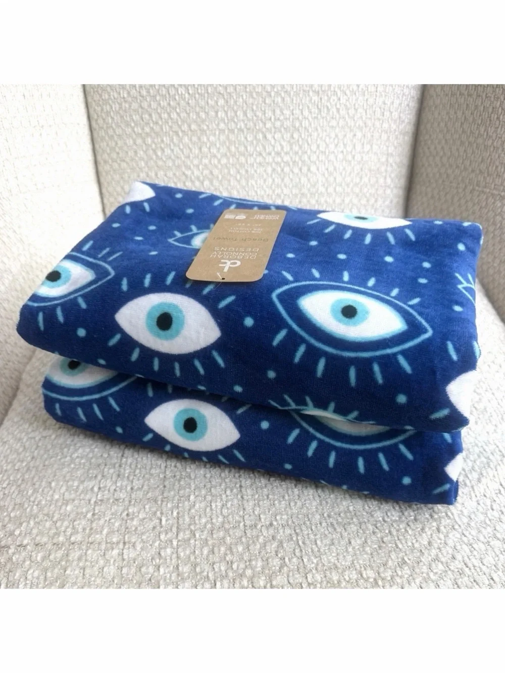 Deborah Connolly Designs Evil Eye Beach Towel 2pc Set  Oversized 36x68 Blue NWT